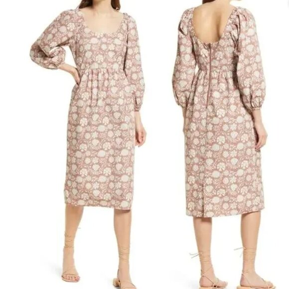 Faherty NEW Freya Clay Jai Floral Neutral Cotton Puff Sleeve Midi Dress size S - Picture 2 of 9